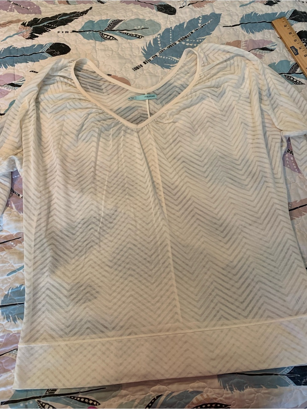 Maurices White Sheer Chevron V-Neck Short Sleeve Top